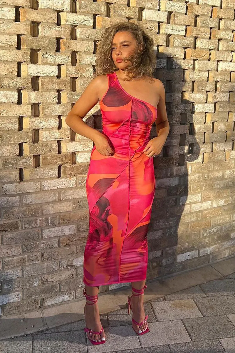 Multi Abstract Print One Shoulder Midi Dress - Pearl sold by Rebellious Fashion