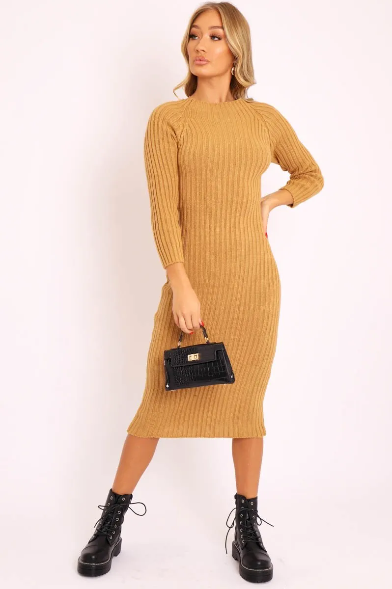 Camel Open Twist Back Midi Bodycon Jumper Dress - Karrah sold by Rebellious Fashion product image thumbnail 2