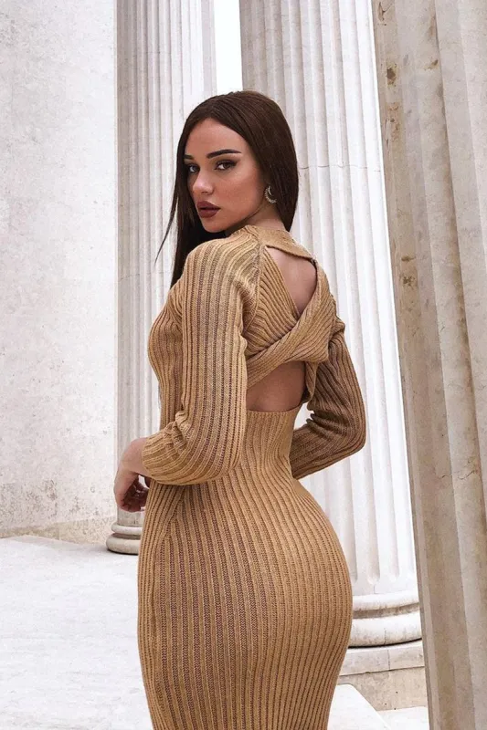 Camel Open Twist Back Midi Bodycon Jumper Dress - Karrah sold by Rebellious Fashion
