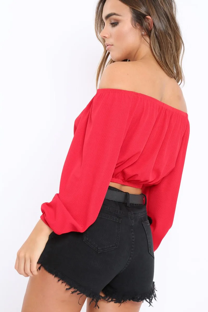 Red Ribbed Lace Up Bardot Crop Top - Sara sold by Rebellious Fashion product image thumbnail 3