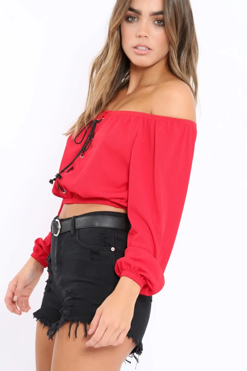 Red Ribbed Lace Up Bardot Crop Top - Sara sold by Rebellious Fashion product image thumbnail 2
