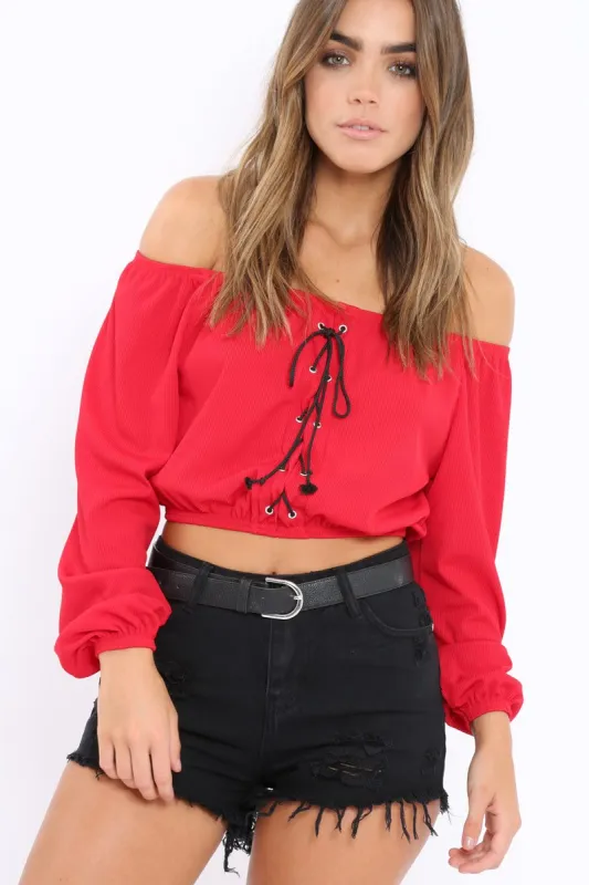 Red Ribbed Lace Up Bardot Crop Top - Sara made by Rebellious Fashion