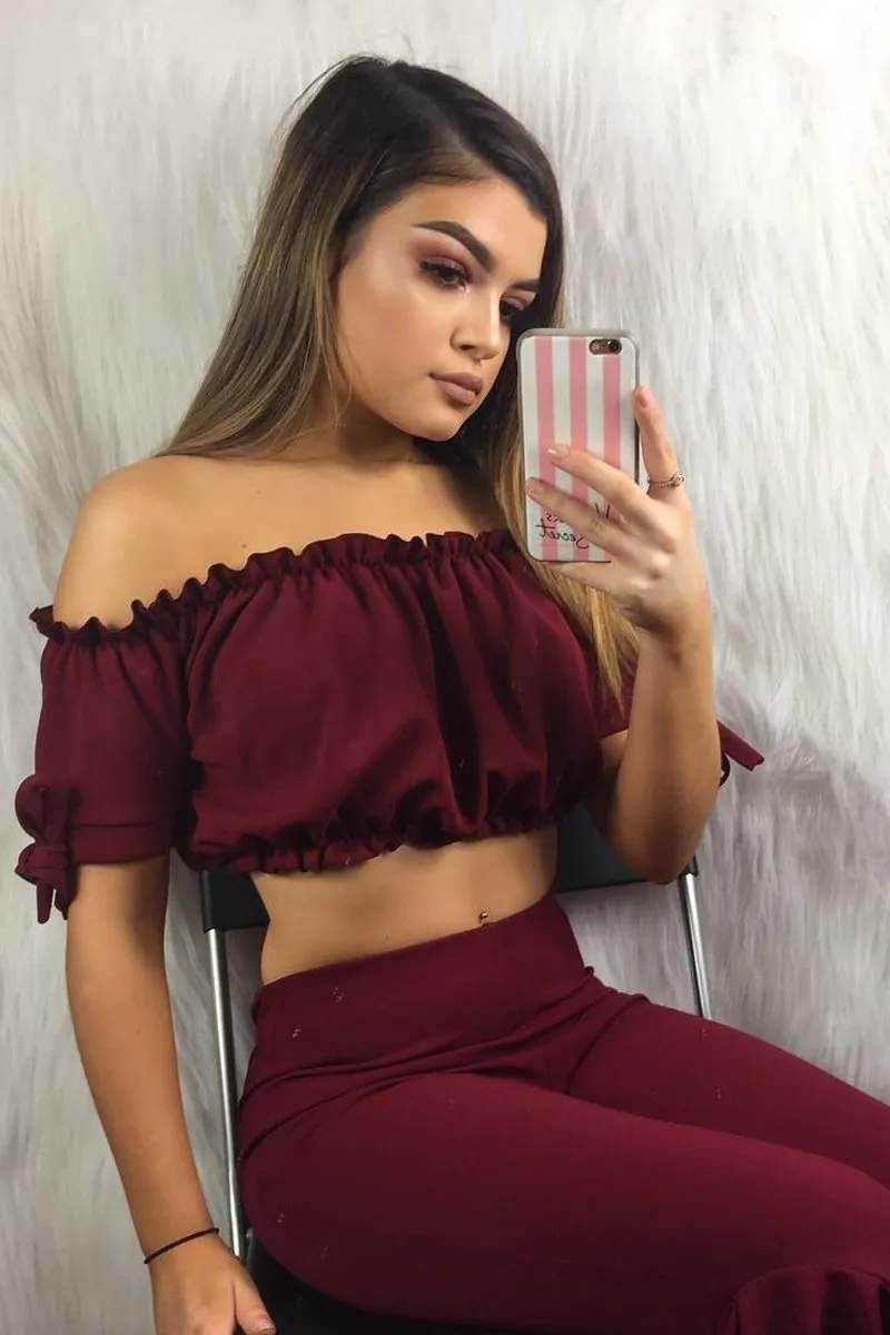 Wine Ruched Bardot Gypsy Crop Top - Janette sold by Rebellious Fashion