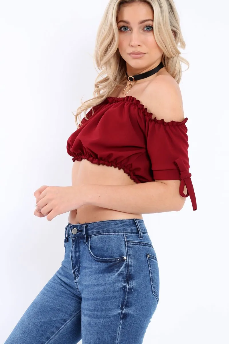 Wine Ruched Bardot Gypsy Crop Top - Janette sold by Rebellious Fashion product image thumbnail 4