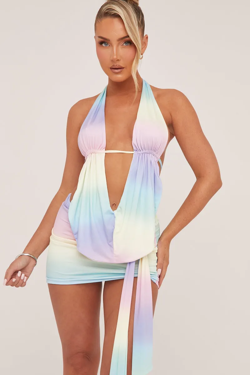 Multi Abstract Print Halter Neck Top & Mini Skirt Co-ord Set - Asher sold by Rebellious Fashion product image thumbnail 2