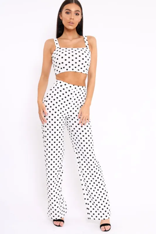 White Polka Dot Crop Top and Trousers Co-ord Set - Kimmy sold by Rebellious Fashion