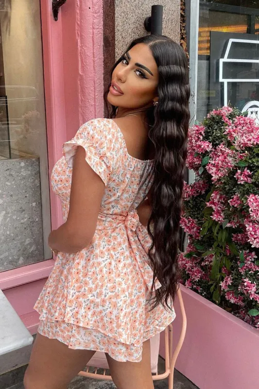 Orange Floral Print Frill Playsuit - Palmira sold by Rebellious Fashion