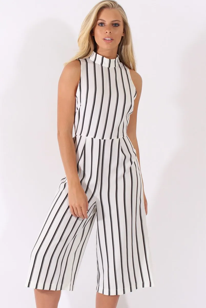 White Stripe High Neck Culotte Jumpsuit - Jordana sold by Rebellious Fashion