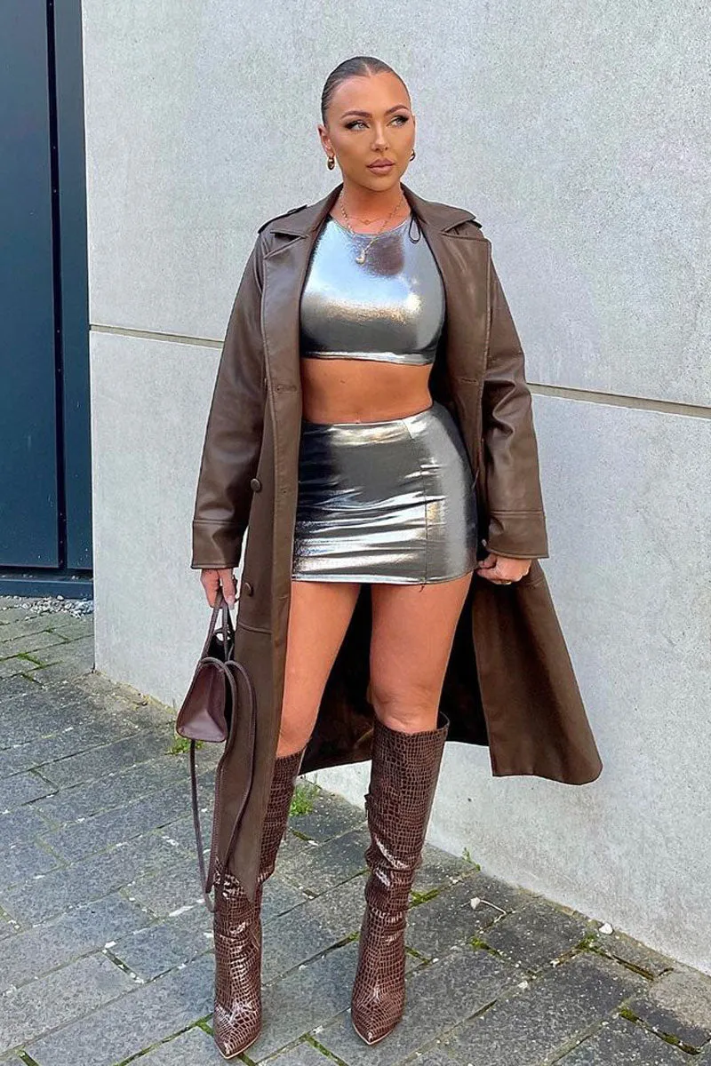 Silver Metallic Sleeveless Crop Top & Mini Skirt Set - Aiko sold by Rebellious Fashion