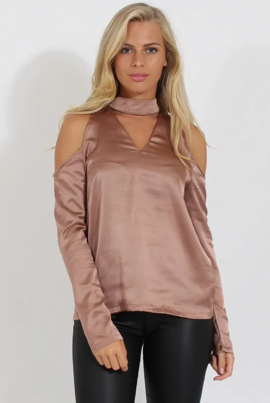 Taupe Satin Cold Shoulder Choker Top - Dana sold by Rebellious Fashion