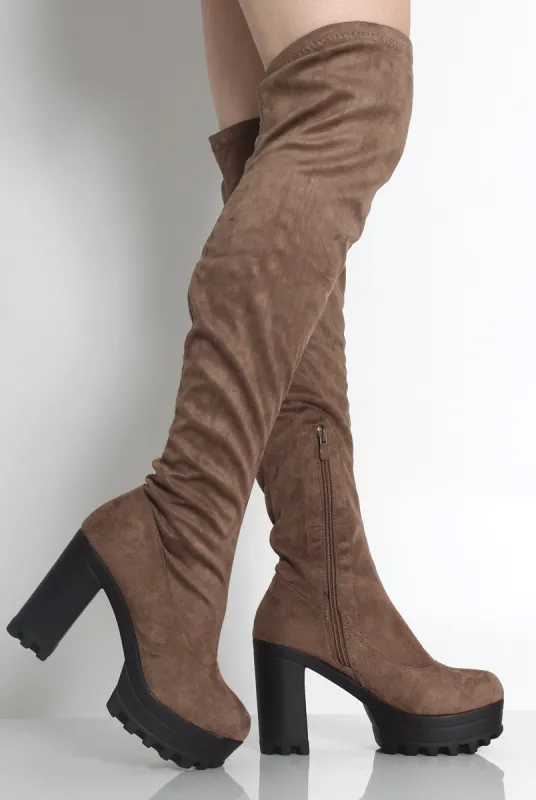 Emilie Khaki Over The Knee Platform Boots sold by Rebellious Fashion