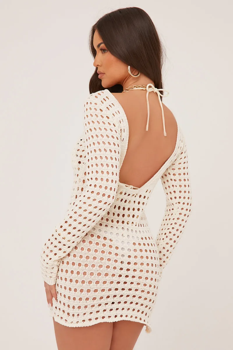 Cream Crochet Scoop Back Mini Dress - Mazi sold by Rebellious Fashion