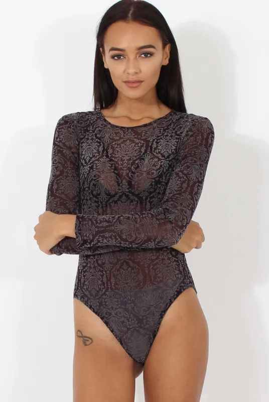Purple Folk Print Sheer Bodysuit - Frances sold by Rebellious Fashion