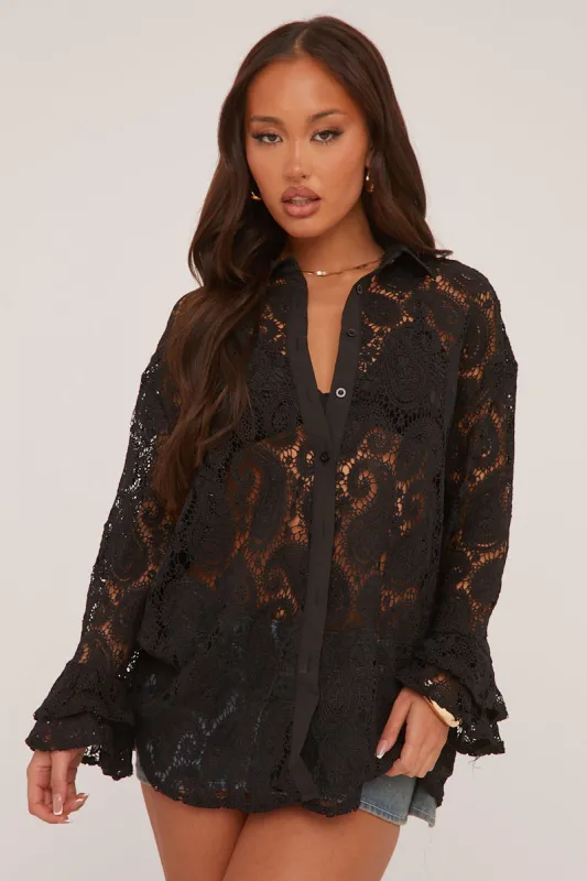 Black Lace Button Up Frill Sleeve Shirt - Lynn sold by Rebellious Fashion