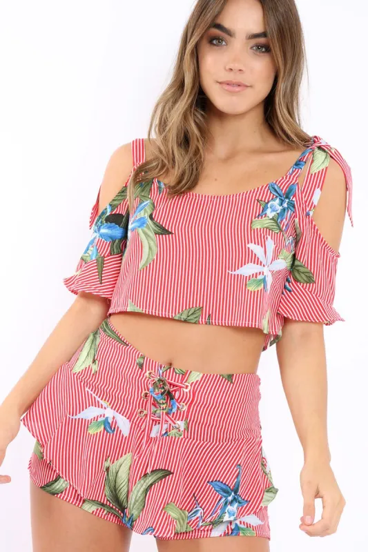Red Striped Floral Cold Shoulder Top - Madalene sold by Rebellious Fashion