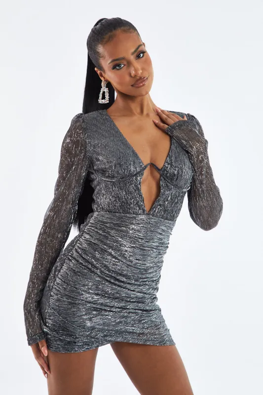 Silver Side Ruched Mini Dress - Delvine sold by Rebellious Fashion