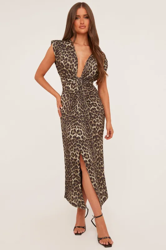 Brown Leopard Print Plunge Neck Draped Maxi Dress - Brylen sold by Rebellious Fashion