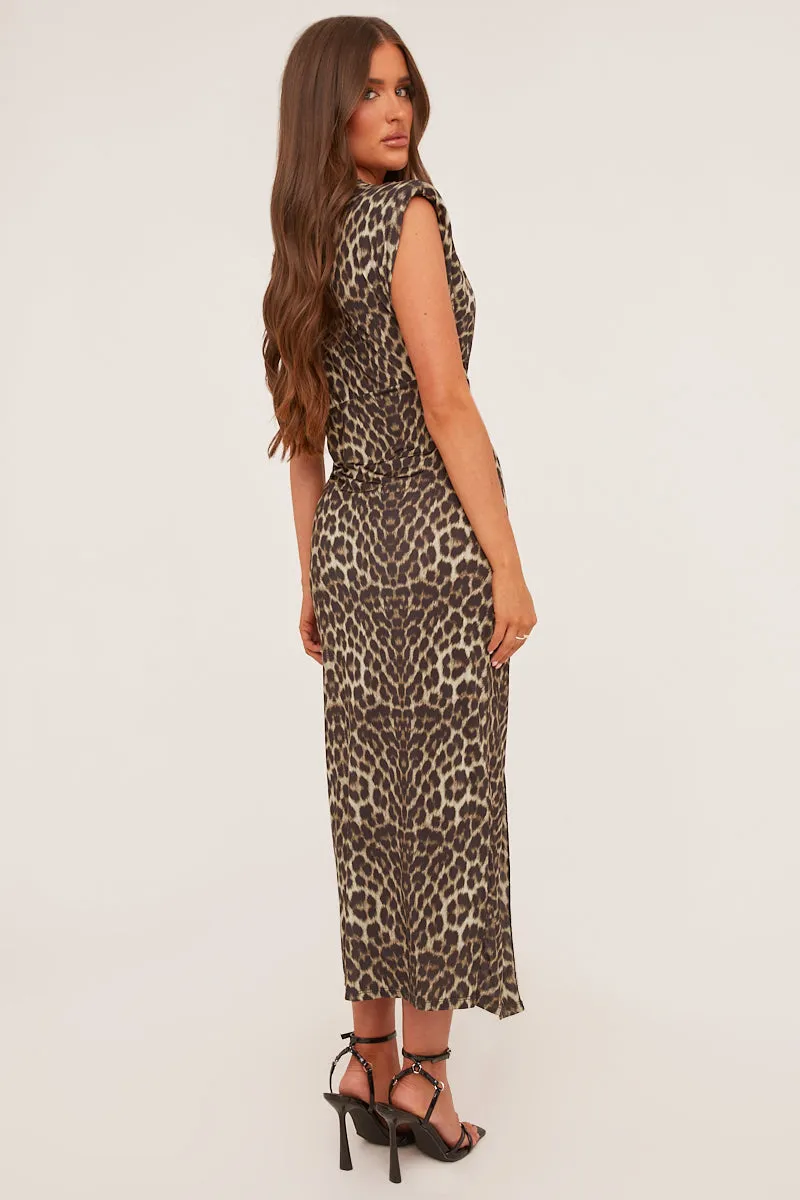Brown Leopard Print Plunge Neck Draped Maxi Dress - Brylen sold by Rebellious Fashion product image thumbnail 4
