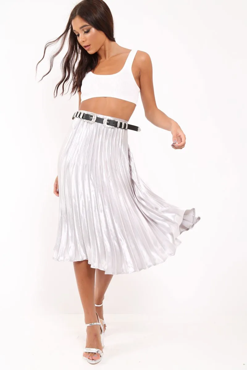Silver Satin Pleated Midi Skirt - Kelyn sold by Rebellious Fashion product image thumbnail 2