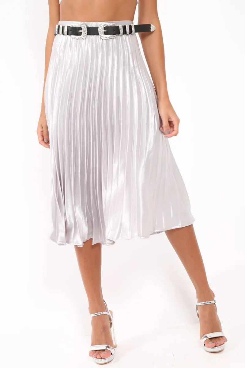Silver Satin Pleated Midi Skirt - Kelyn sold by Rebellious Fashion product image thumbnail 3