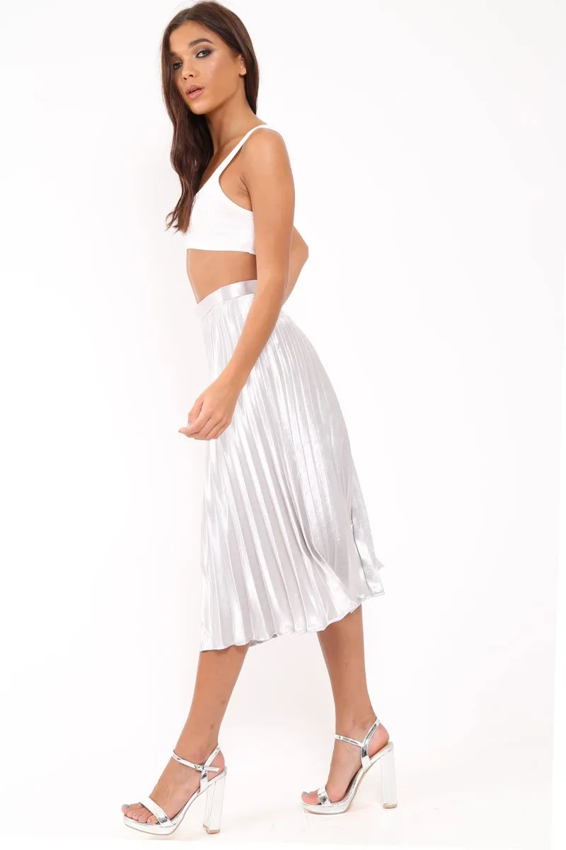 Silver Satin Pleated Midi Skirt - Kelyn sold by Rebellious Fashion product image thumbnail 4