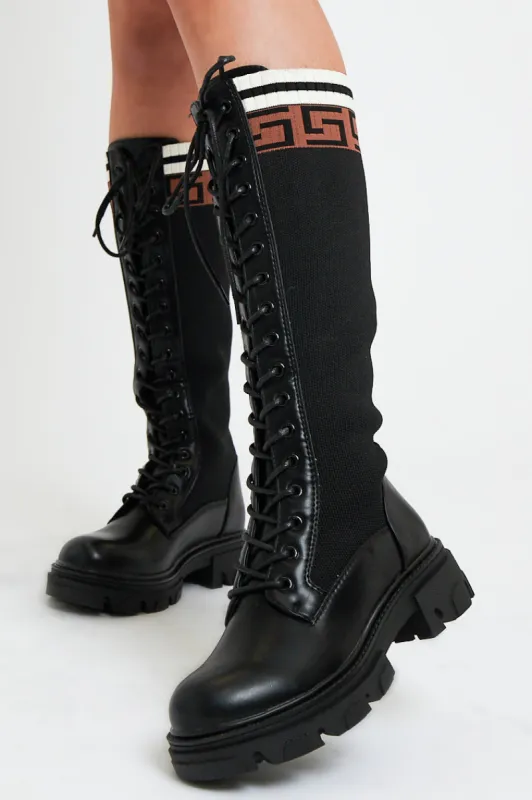 Black PU Faux Leather Contrast Detailing Knee High Boots - Bevie sold by Rebellious Fashion