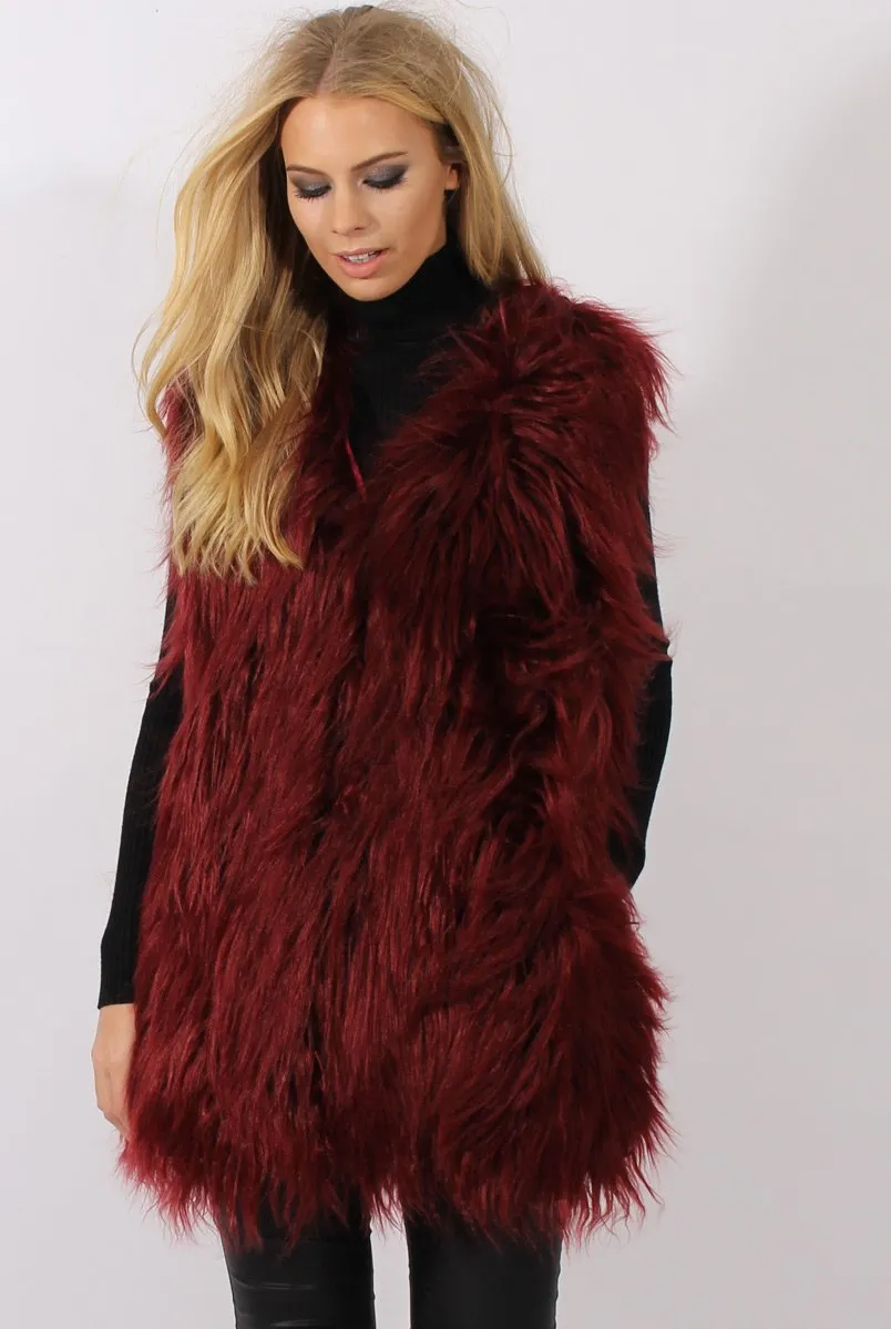 Wine Faux Fur Shaggy Gilet - Liberty sold by Rebellious Fashion