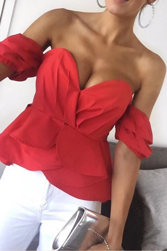 Red Sweet Heart Bardot Top with Ruched Sleeves - Kinza sold by Rebellious Fashion