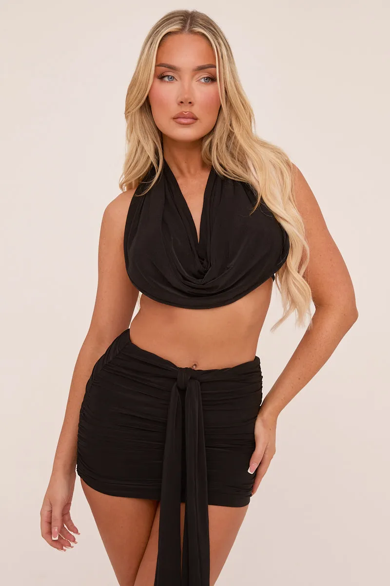 Black Three Piece Cowl Neck Crop Top & Mini Skirt Co-ord Set - Jocelyn sold by Rebellious Fashion product image thumbnail 3
