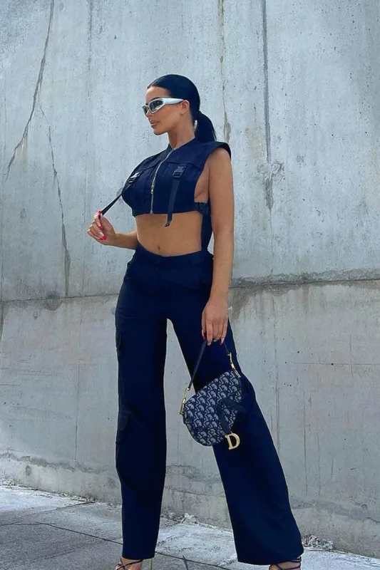 Black High Waist Pocket Cargo Trousers - Raine sold by Rebellious Fashion