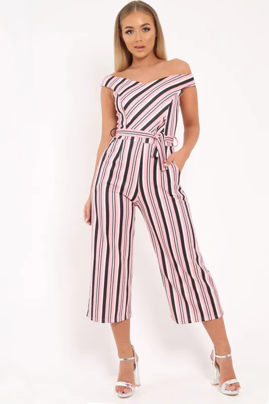 Pink Stripe Bardot Culotte Jumpsuit - Annarae made by Rebellious Fashion