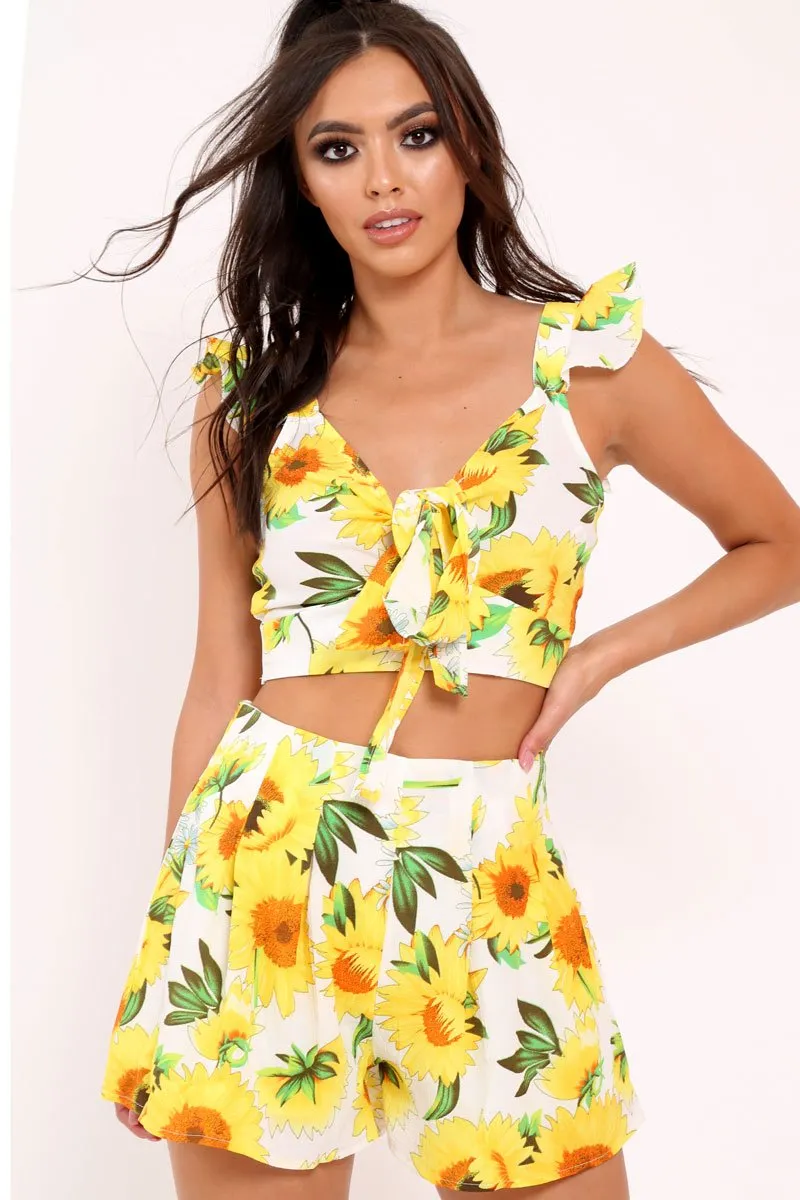 White And Yellow Floral Tie Front Crop Top and Short Co-ord - Edris sold by Rebellious Fashion product image thumbnail 3