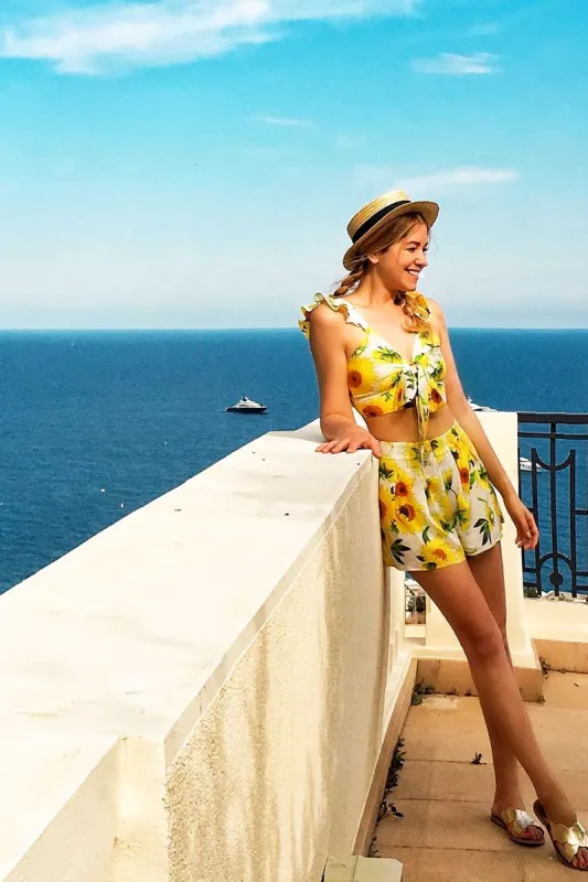 White And Yellow Floral Tie Front Crop Top and Short Co-ord - Edris sold by Rebellious Fashion