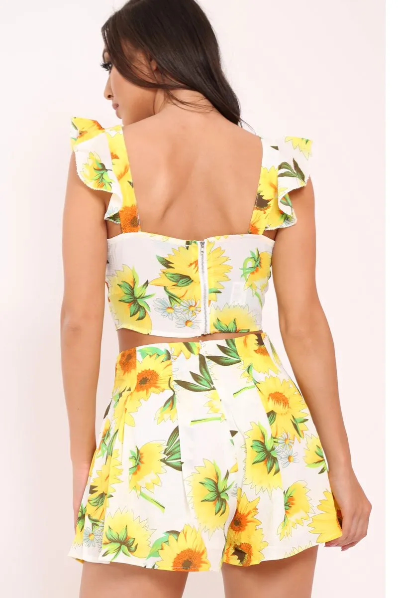 White And Yellow Floral Tie Front Crop Top and Short Co-ord - Edris sold by Rebellious Fashion product image thumbnail 5