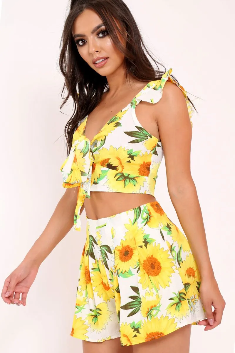 White And Yellow Floral Tie Front Crop Top and Short Co-ord - Edris sold by Rebellious Fashion product image thumbnail 4