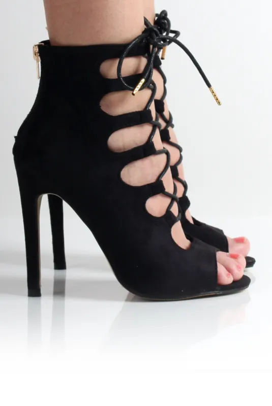 Lucia Black Suede Lace Up Heels sold by Rebellious Fashion