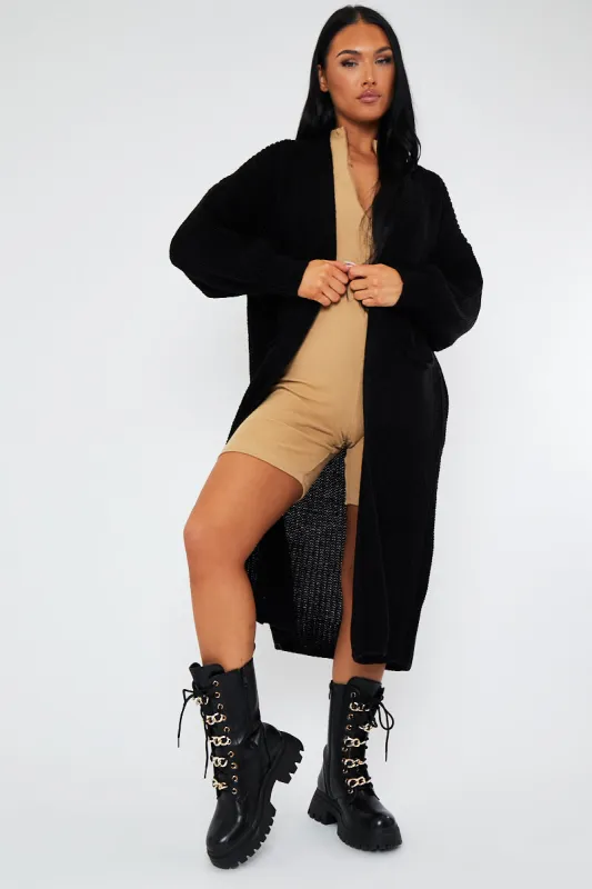 Black Longline Relaxed Fit Front Pockets Cardigan - Leah sold by Rebellious Fashion