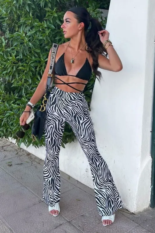 Black And White Zebra Print Wide Leg Trousers - Tiya sold by Rebellious Fashion