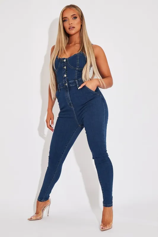 Mid Blue Strappy Button Front Denim Jumpsuit - Roma sold by Rebellious Fashion