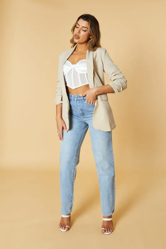 Beige Ruched Sleeves Longline Blazer - Emica sold by Rebellious Fashion