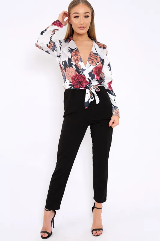 White Floral Plunge Satin Wrap Front Jumpsuit - Talulah sold by Rebellious Fashion