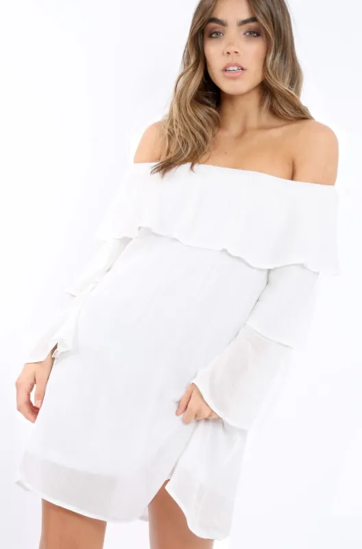 White Bardot Frill Shift Dress - Lucina sold by Rebellious Fashion