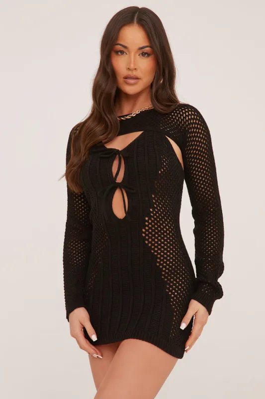 Black Crochet Tie Front Long Sleeve Mini Dress - Kylar made by Rebellious Fashion