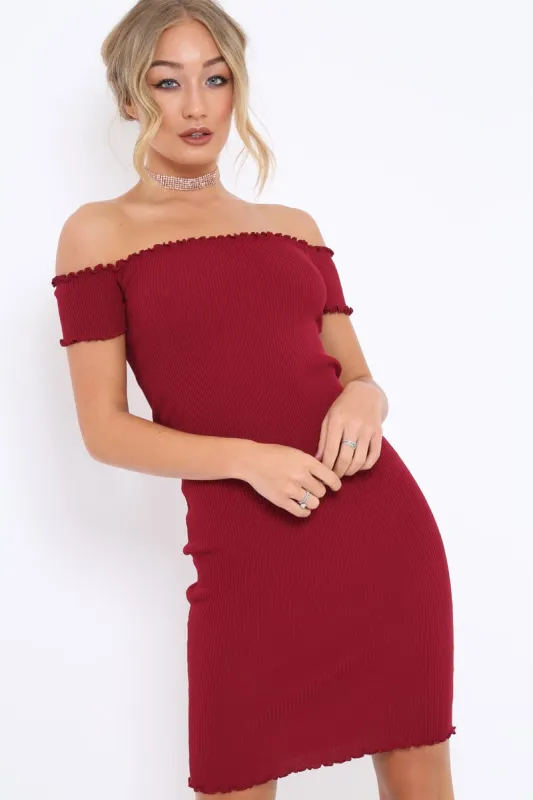 Wine Ribbed Frill Hem Bardot Bodycon Dress - Kamille made by Rebellious Fashion