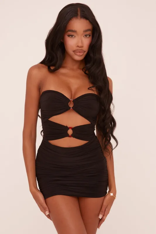 Black Ring Detail Bandeau Ruched Bodycon Mini Dress - Tefta sold by Rebellious Fashion