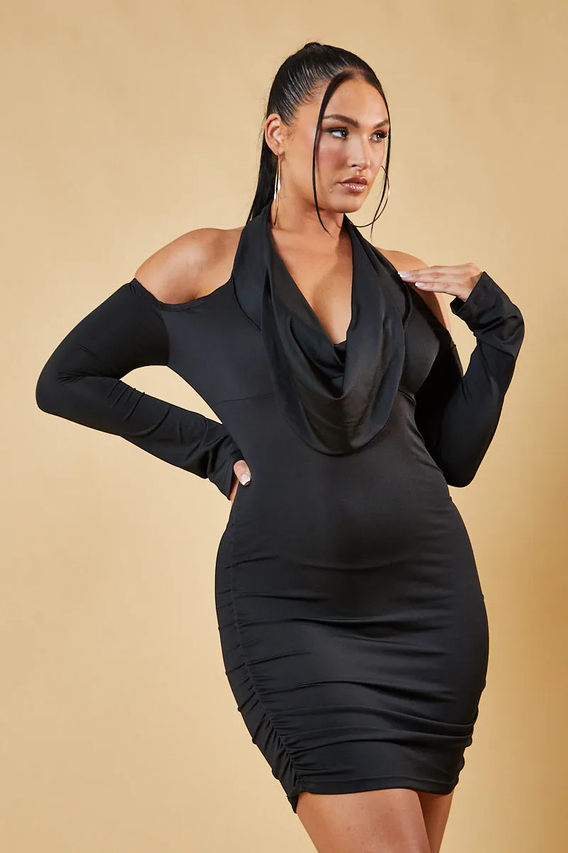 Black Cowl Neck Off Shoulder Mini Dress - Elsie sold by Rebellious Fashion