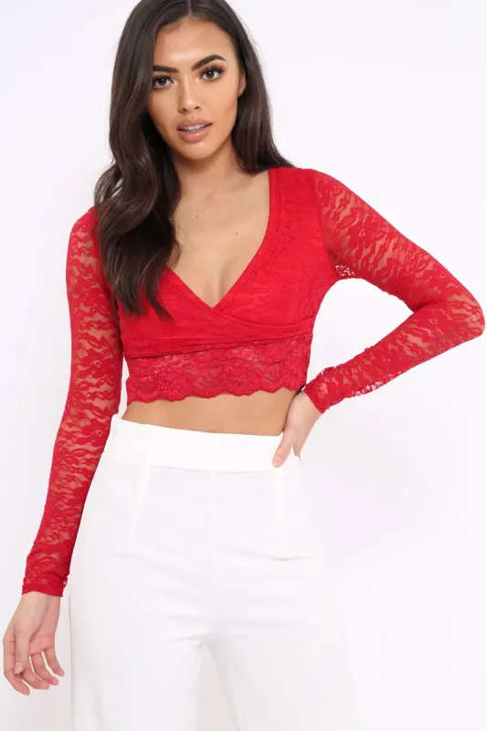 Red Lace Plunge Scalloped Hem Crop Top - Elouise sold by Rebellious Fashion
