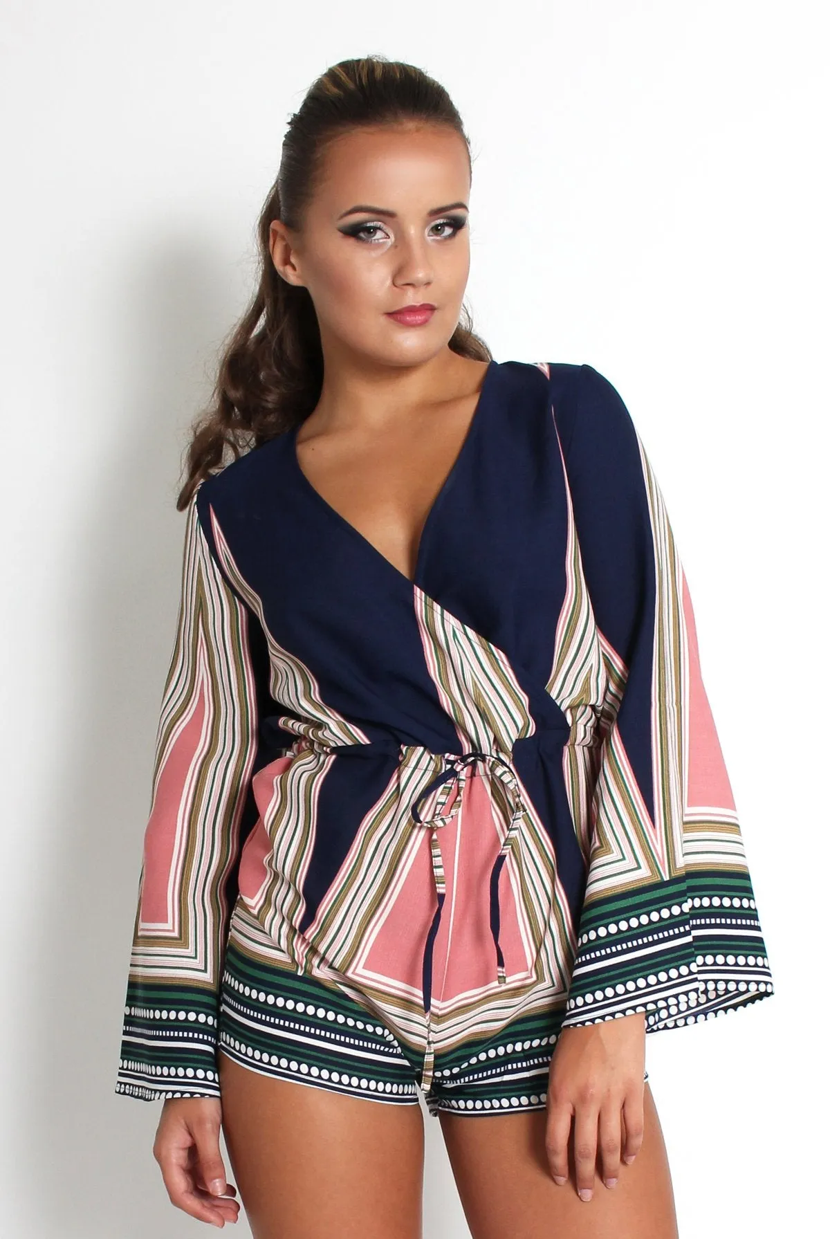 Baylee Blue Abstract Bell Sleeve Playsuit sold by Rebellious Fashion