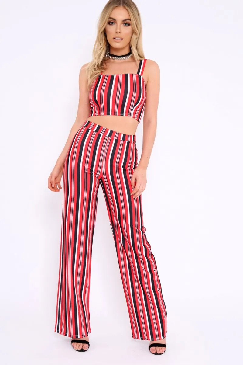 Red Striped Crop Top and Trousers Co-ord Set - Kimmy sold by Rebellious Fashion product image thumbnail 2