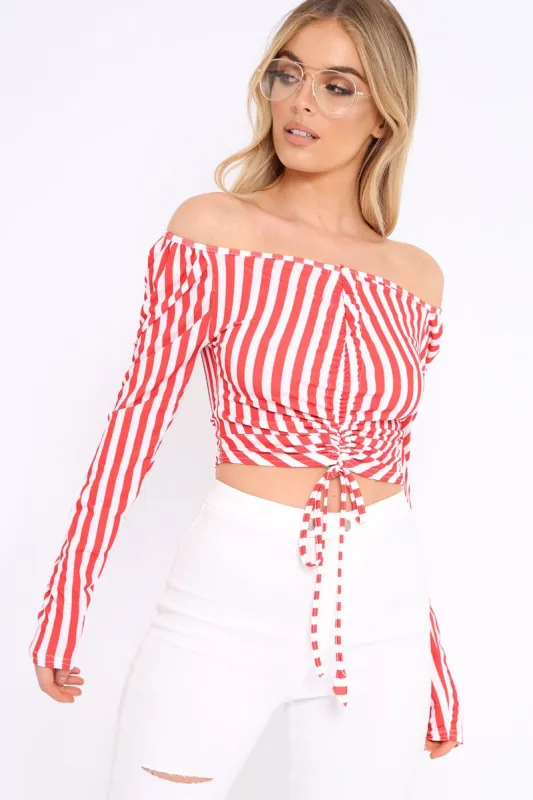 Red and White Striped Bardot Ruched Tie Top - Dakota sold by Rebellious Fashion
